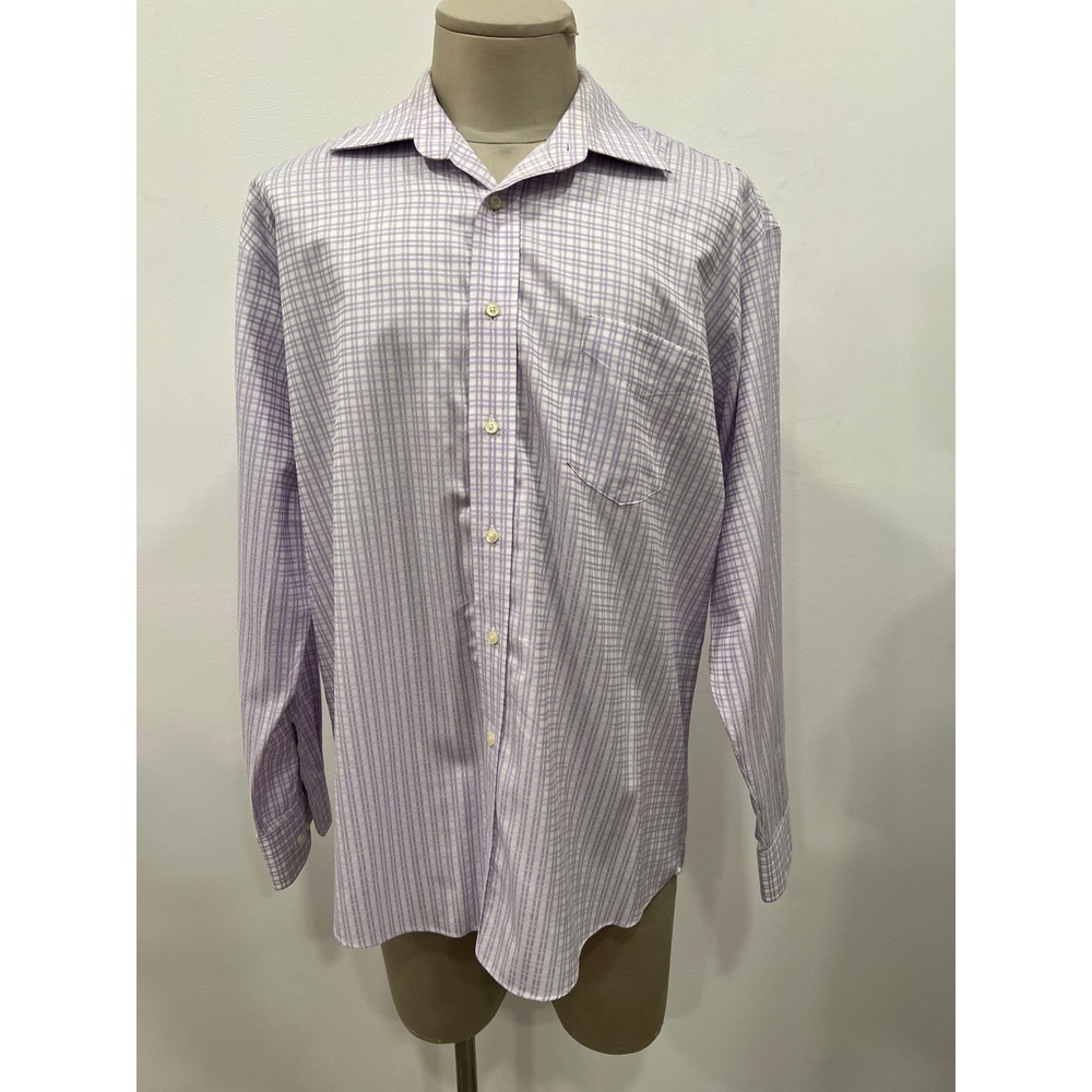 Forsyth of Canada Dress‎ Shirt Mens 17 34/35 Purple White Plaid Wrinkle Free